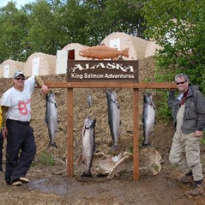 clients of our nushagak river fishing lodge weigh the king/chinook salmon they caught